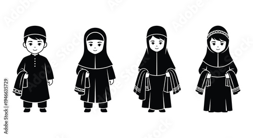 Four stylized figures in traditional islamic clothing black and white