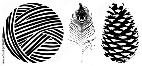 Three stylized yarn ball, feather, pinecone. Flat vector, high contrast, graphic design.