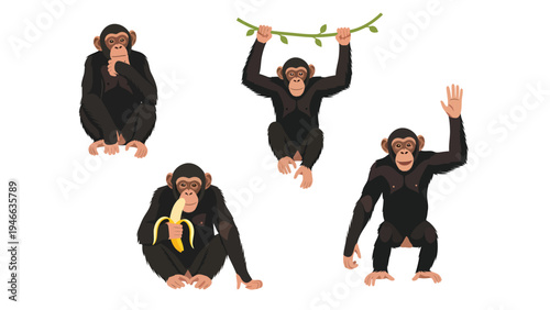 Cartoon Chimpanzee Vector Set. Monkeys in various poses: eating banana, hanging on vine, thinking, and waving. Primate illustration