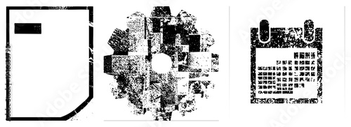 Bold black shapes with distressed texture, fragmented forms, graphic design elements, vector art, modern minimalism.