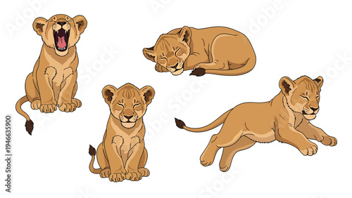 Cute cartoon lion cubs vector set with various poses: sleeping, yawning, sitting, and playing on white background