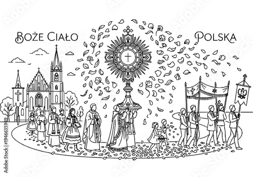Religious Corpus Christi Monoline Background with Monstrance and Petals