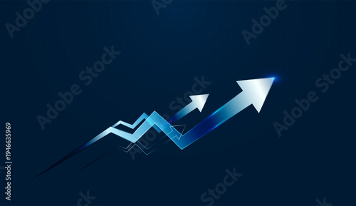 The Bright Grow arrows move upward across a dark digital background, symbolizing technology innovation driving Finance and Business growth. and A dynamic set of Grow arrows rises