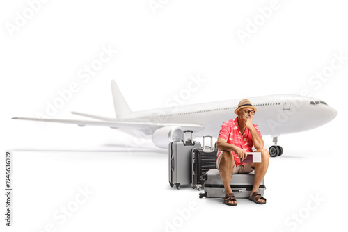 Plane passenger sitting on a suitcase and waiting for a flight