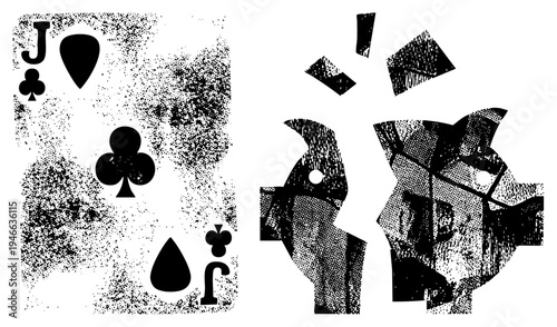Card game symbol J, shattered piggy bank, financial ruin, gambling loss, dotted halftone texture, black and white vector art, isolated graphic elements.