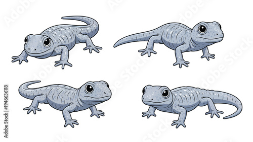 Cute Cartoon Newts Set. Adorable Amphibian Illustrations in Various Poses. Isolated Vector Art.