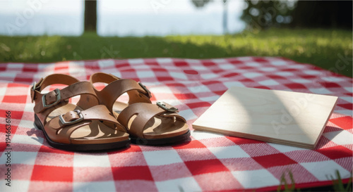 A pair of brown sandals resting on a red and white checkered picnic blanket