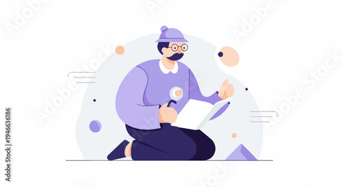 A stylized man in purple, glasses, and hat reads a book