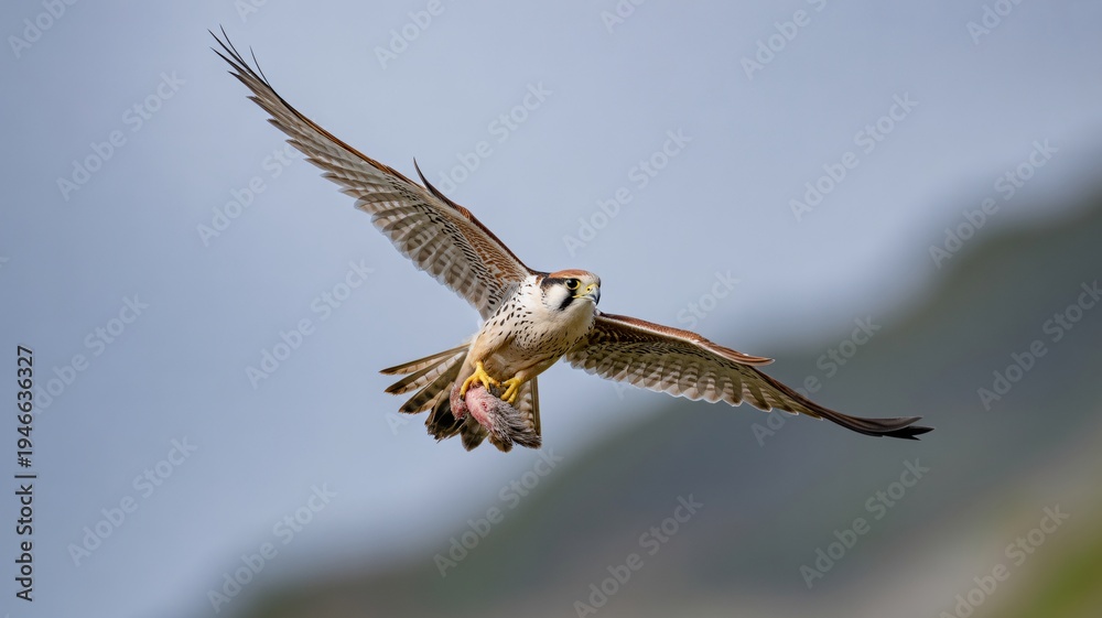 Obraz premium Peregrine Falcon in Flight Carrying Prey, Powerful Bird of Prey Hunting in Mid Air with Wings Spread Wide Against Soft Mountain Background