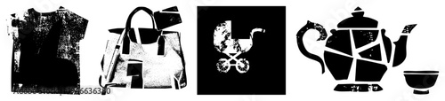 Stylized black and white distressed of a t shirt, handbag, stroller, and teapot with cup, featuring halftone grit and fragmented design.
