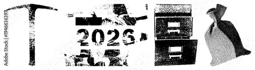 Rustic halftone graphic of year 2026 flanked by mining tool, office cabinet, and sack of cash gritty design, vintage aesthetic, symbolic.