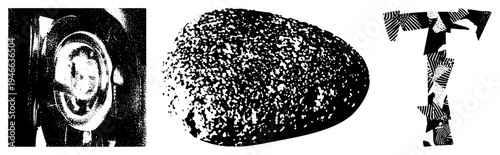 Fragmented halftone shapes forming organic forms, stylized letter T, grainy dot, graphic design elements, vector based textures.