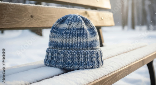 A cozy blue knitted hat resting on a wooden bench in a snowy landscape.