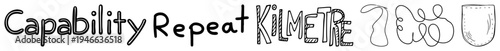 Custom lettering design featuring “Capability Repeat Kilometre” with playful, sketchy fonts and abstract doodle, ideal for creative branding or indie projects.