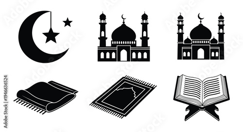 Islamic symbols including a crescent moon mosques and a prayer rug
