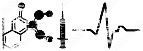 Medical syringe filled with liquid, electrocardiogram waveform, chemical molecule structure, healthcare symbols, diagnostic tools, black and white vector illustration.