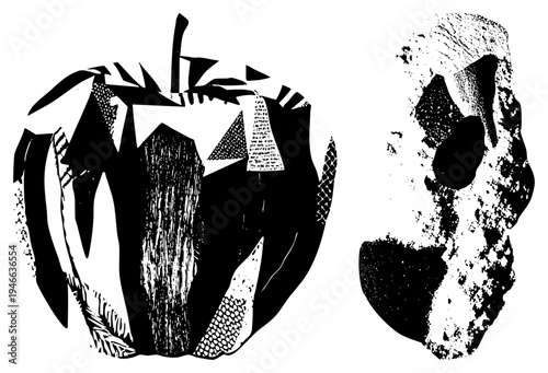 Grinning jack o lantern with carved eyes and jagged teeth, alongside stylized skull, both rendered in gritty halftone textures, Halloween horror.