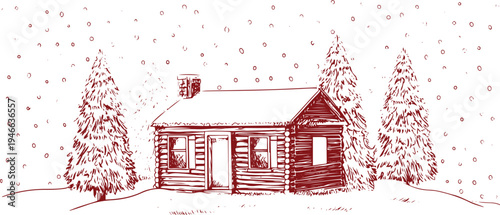Hand drawn red log cabin with snow falling between pine trees