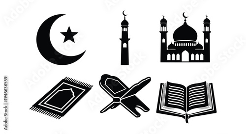 Islamic symbols including a crescent moon mosques and a prayer rug