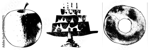 Black and white halftone stylized, birthday cake, and donut with speckled shading, graphic design elements, food illustration, isolated vector.