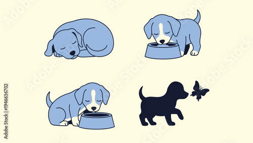 Cute Blue Puppy Daily Activities Illustration Set: Sleeping, Eating, Drinking, and Playing with Butterfly