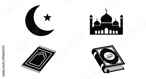 Islamic symbols including a crescent moon mosques and a prayer rug