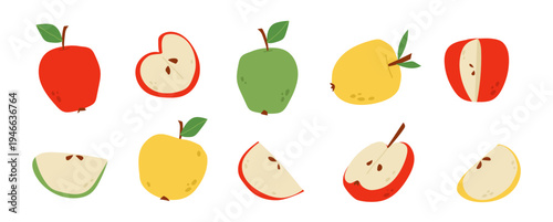 Cute apple set with whole fruits and slices in red, green and yellow colors. Flat hand drawn style illustration for packaging, stickers, prints and food design
