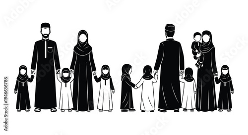 A group of muslim people including adults and children standing together