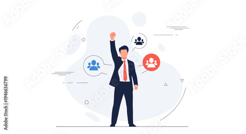 Businessman celebrating success with team icons, concept of leadership and teamwork