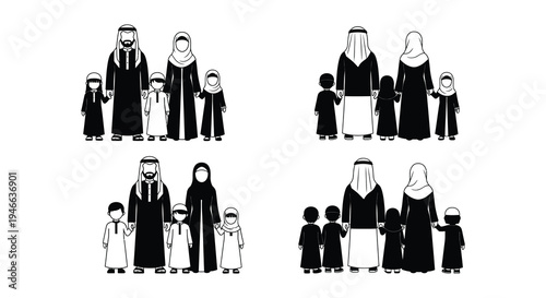 A group of muslim people including adults and children standing together