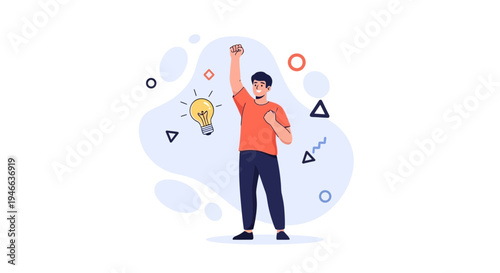 Man with raised fist and light bulb, symbolizing idea, success, and motivation