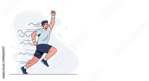 Man running fast, raising fist in victory, speed lines, abstract shapes, success concept