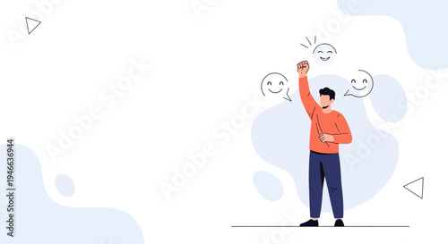 Man celebrating success with happy emoticons above his head, vector illustration