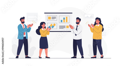 Business team applauding success at a presentation with charts and graphs