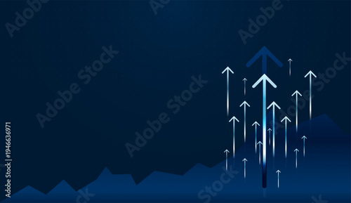 The upward motion of Grow arrows represents confidence in technology progress and sustainable Finance growth in Business sectors. Layered Grow arrows illustrate steady advancement