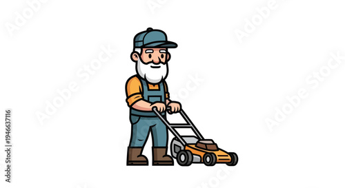 Cartoon Man Mowing Lawn with Mower.