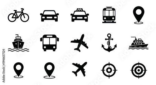 Transportation Icons Set with Various Vehicles.