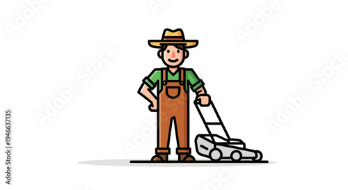 Man in Hat Mowing Lawn with Lawnmower.