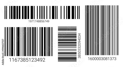 EAN-13 barcode label set with black lines on white background. Clean vector code design for product scanning, pricing, and retail inventory identification systems