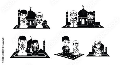 Obraz na plátně Muslim children praying with folded hands in front of a mosque