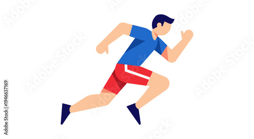 Man Running in Blue Shirt and Red Shorts.