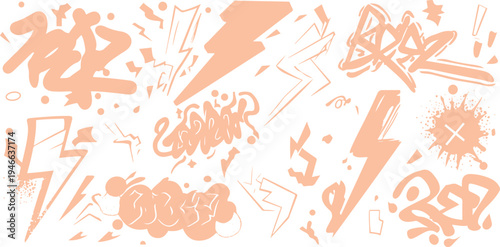 Peach graffiti tags and lightning bolts on white background