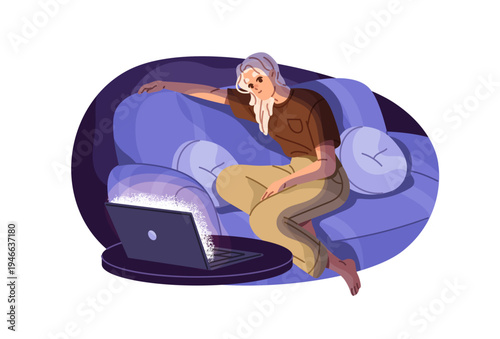 Happy girl with insomnia watches movies or videos on laptop at night. Young woman sits on sofa with computer instead sleep at late time, evening. Flat isolated vector illustration on white background