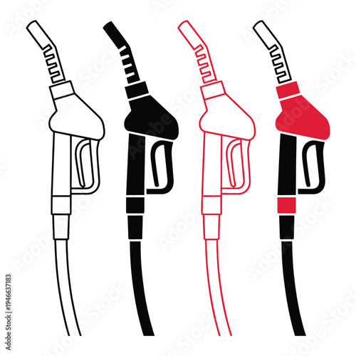 Fuel pump nozzle icon set isolated on white background, pump nozzle with oil dripping, minimal vector illustration for gas station, refueling, and automotive service concept, clean outline and solid
