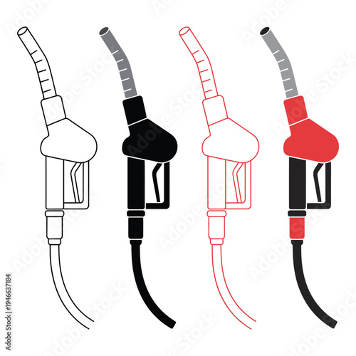 Fuel pump nozzle icon set isolated on white background, gas pump nozzle with dripping oil, vector icons representing fueling, petrol station, and energy supply, simple line art and glyph style