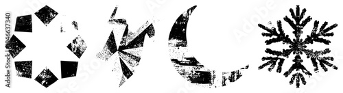 Distressed vector including diamond ring, windmill, moon, snowflake all in gritty black and white, ideal for retro or weathered design projects.