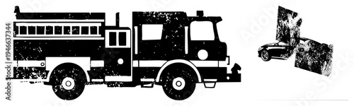 Fire engine and sedan rendered as high contrast vector silhouettes with grainy texture, emergency vehicle, automotive, distressed graphic design.