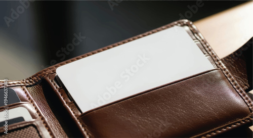 A close-up view of a brown leather wallet with a white card slot visible.