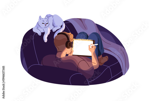 Creative boy with inspiration is drawing on graphic tablet at night. Digital artist with cat listens to music on headphones and creates at late time. Flat isolated vector illustration on white