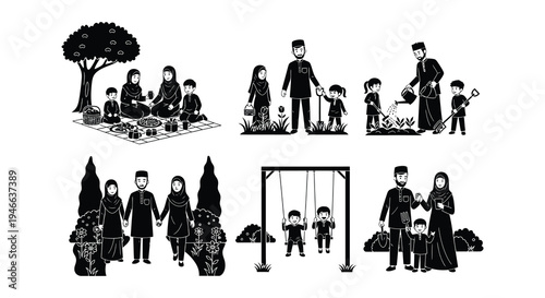Black and white illustration of a muslim family enjoying outdoor activities